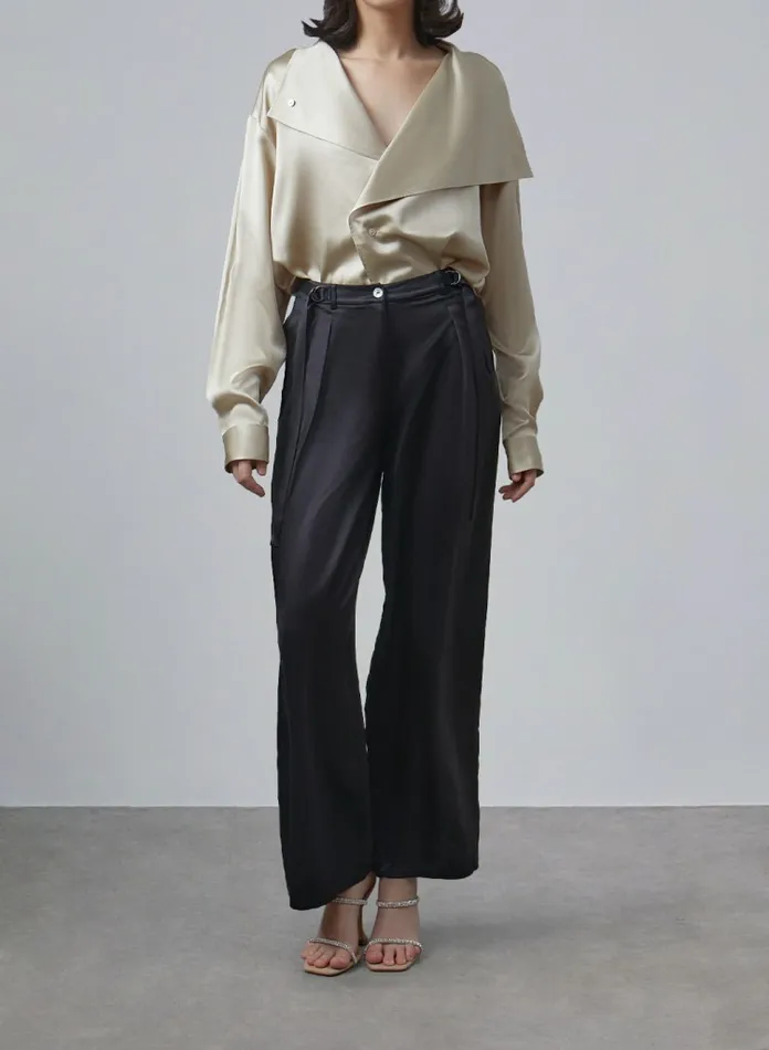 Silk Maison ShortsandPants Double Waist Straight Silk Pants Midnight Black 8211 Women