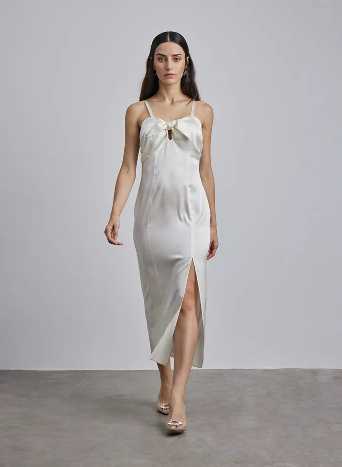 Silk Maison Slit Dresses Daria BowTie Silk Midi Dress Ivory 8211 Women