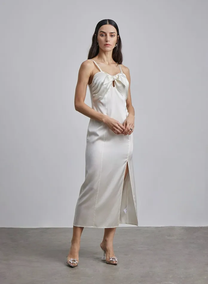 Silk Maison Slit Dresses Daria BowTie Silk Midi Dress Ivory 8211 Women