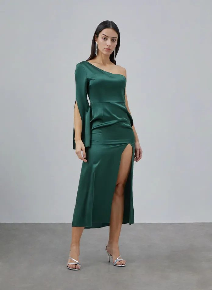 Silk Maison Slit Dresses Oneshoulder Long Sleeve Silk Dress Turquoise Green 8211 Women