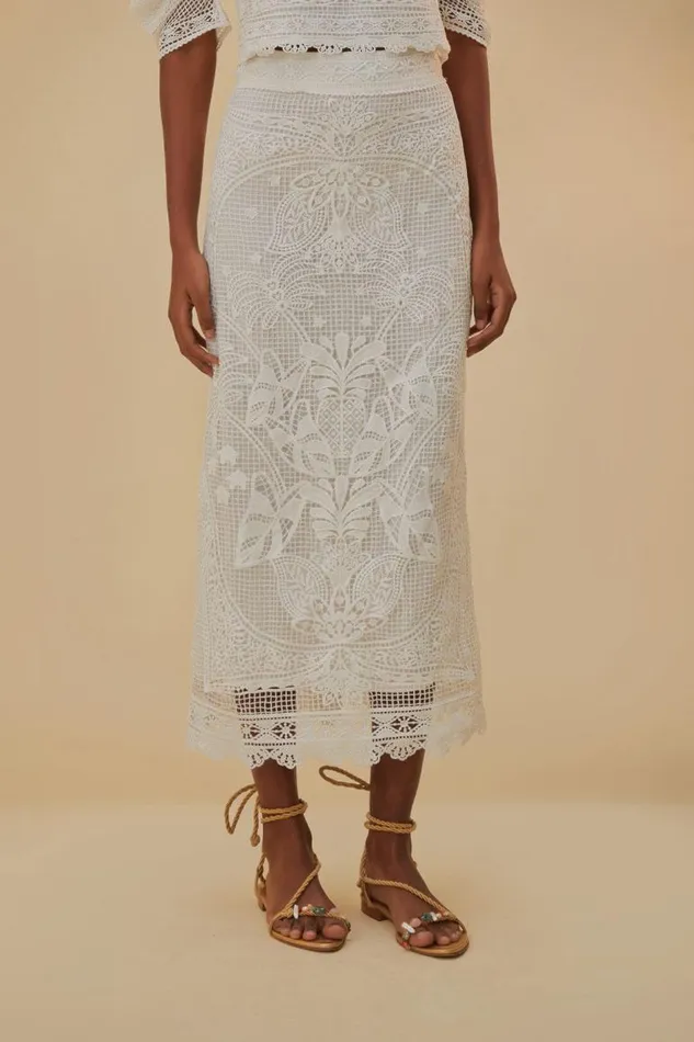 Skirts Women FARM Rio White Guipure Midi Skirt Skirts Women FARM Rio White Guipure Midi Skirt