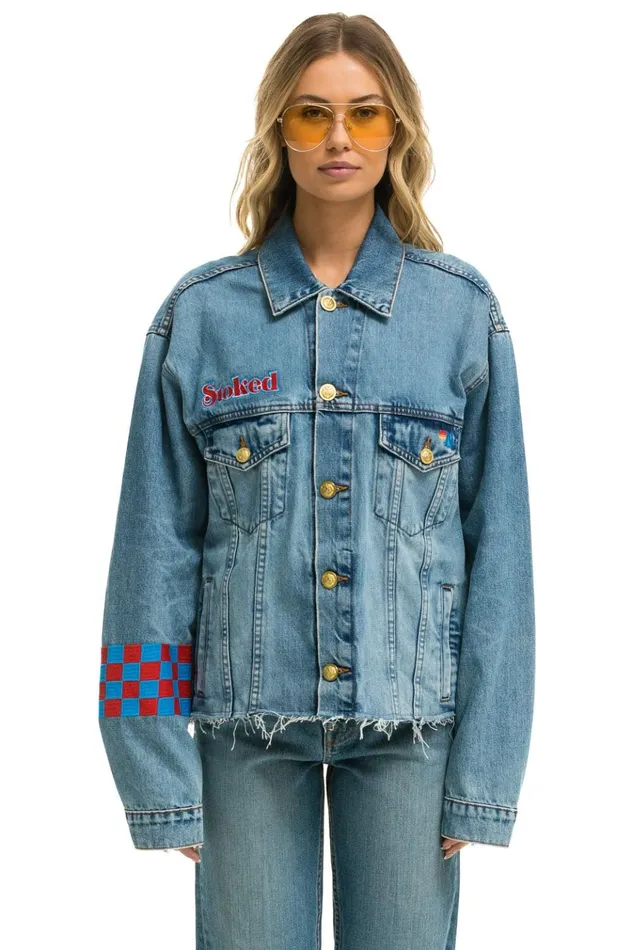 STOKED BOLT SMILEY OVERSIZED CUTOFF DENIM JACKET 8211 VINTAGE WomenMen Aviator Nation Denim