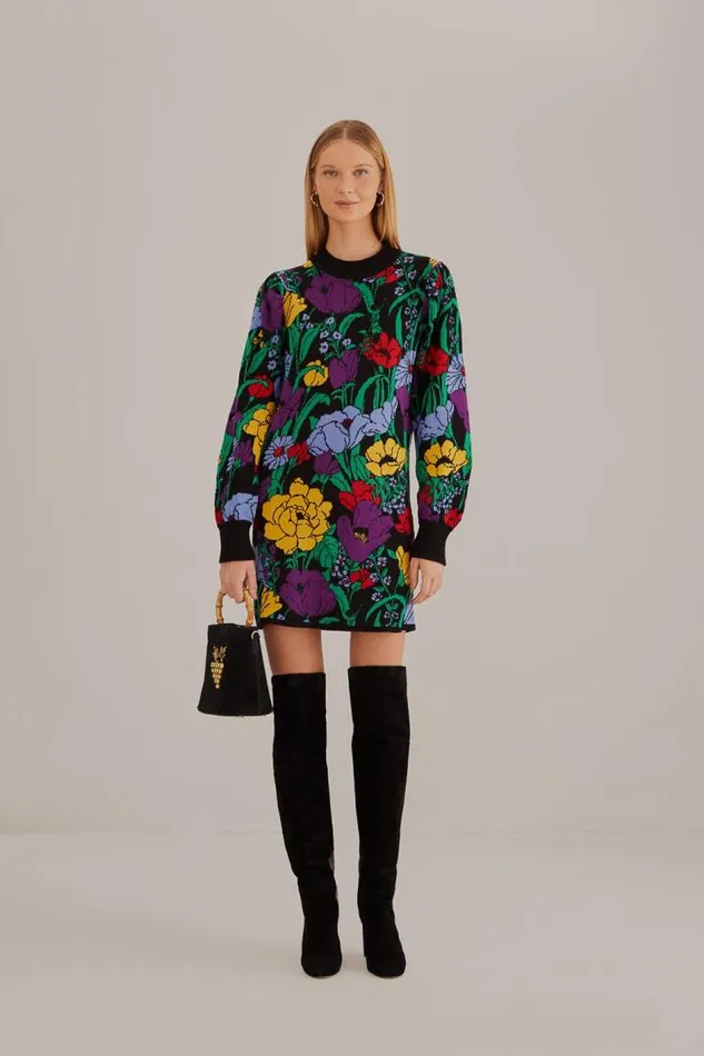 Sweaters and Sweatshirts Women FARM Rio Black Bucolic Garden Sweater Dress