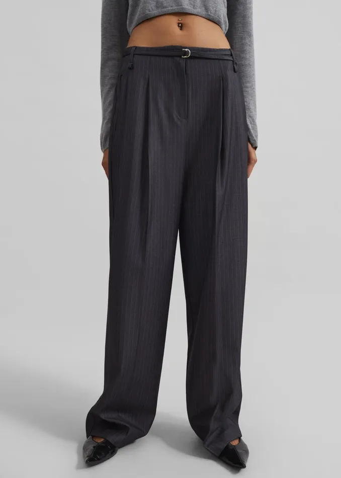 The Frankie Shop Bottoms Women Loma Pintuck Trousers 8211 CharcoalWhite Pinstripe