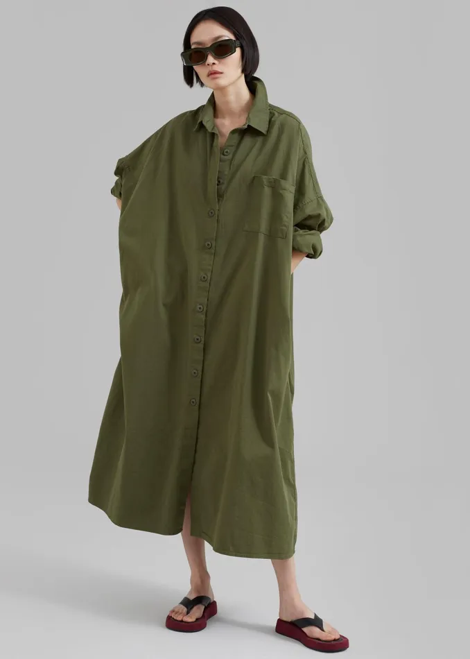 The Frankie Shop Dresses Women Kason Oversized Shirt Dress 8211 Dark Olive