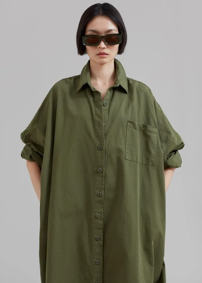 The Frankie Shop Dresses Women Kason Oversized Shirt Dress 8211 Dark Olive