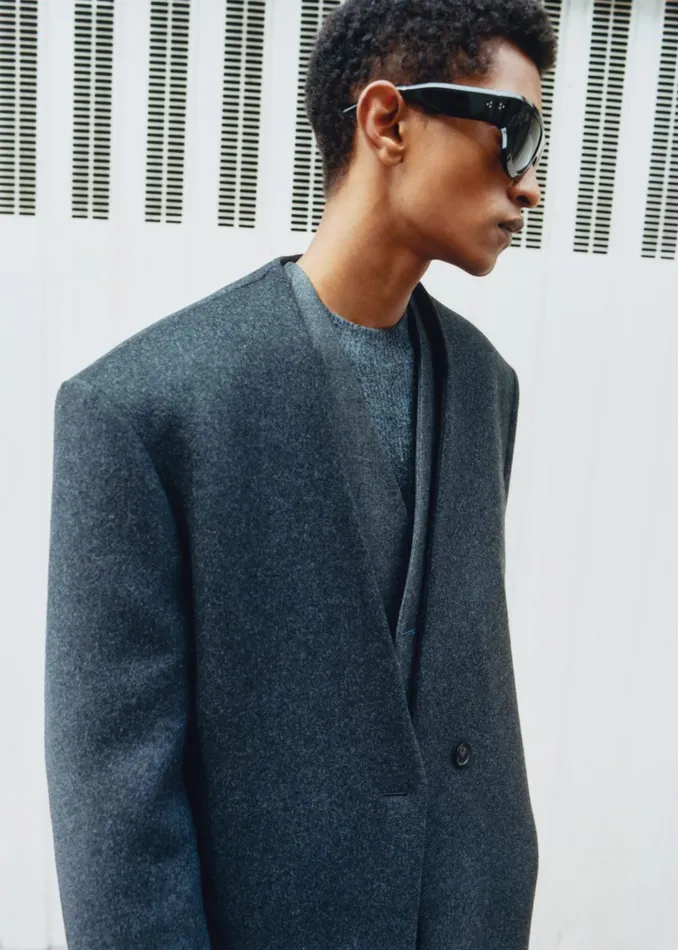 The Frankie Shop Outerwear Men Alistar Collarless Wool Coat 8211 Dark Grey Melange