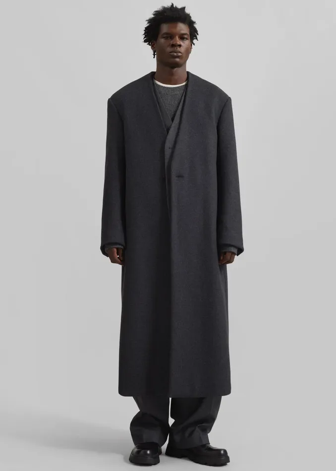 The Frankie Shop Outerwear Men Alistar Collarless Wool Coat 8211 Dark Grey Melange