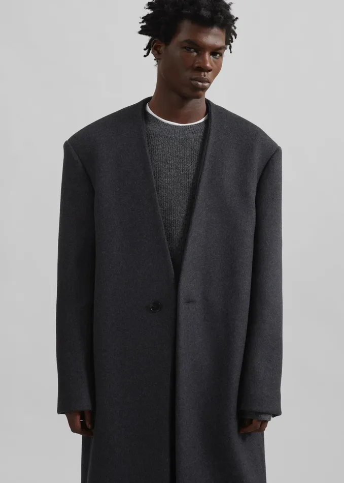 The Frankie Shop Outerwear Men Alistar Collarless Wool Coat 8211 Dark Grey Melange