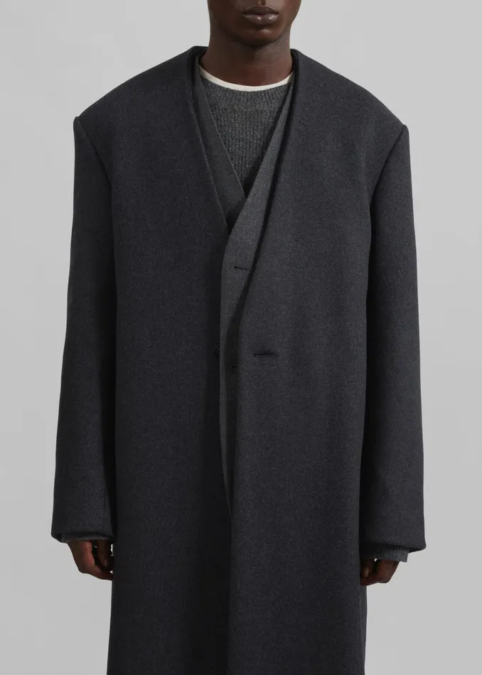 The Frankie Shop Outerwear Men Alistar Collarless Wool Coat 8211 Dark Grey Melange