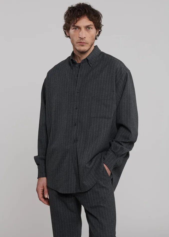 The Frankie Shop Tops Men Mason Wool Button Up Shirt 8211 Dark GreyWhite Pinstripe