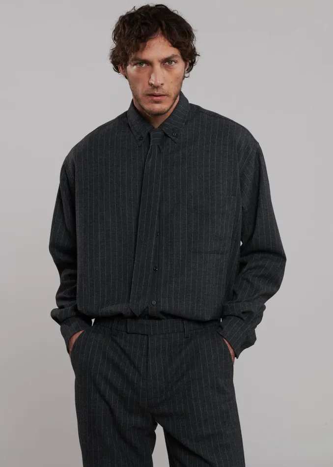 The Frankie Shop Tops Men Mason Wool Button Up Shirt 8211 Dark GreyWhite Pinstripe