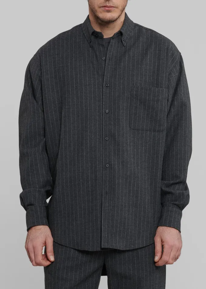 The Frankie Shop Tops Men Mason Wool Button Up Shirt 8211 Dark GreyWhite Pinstripe