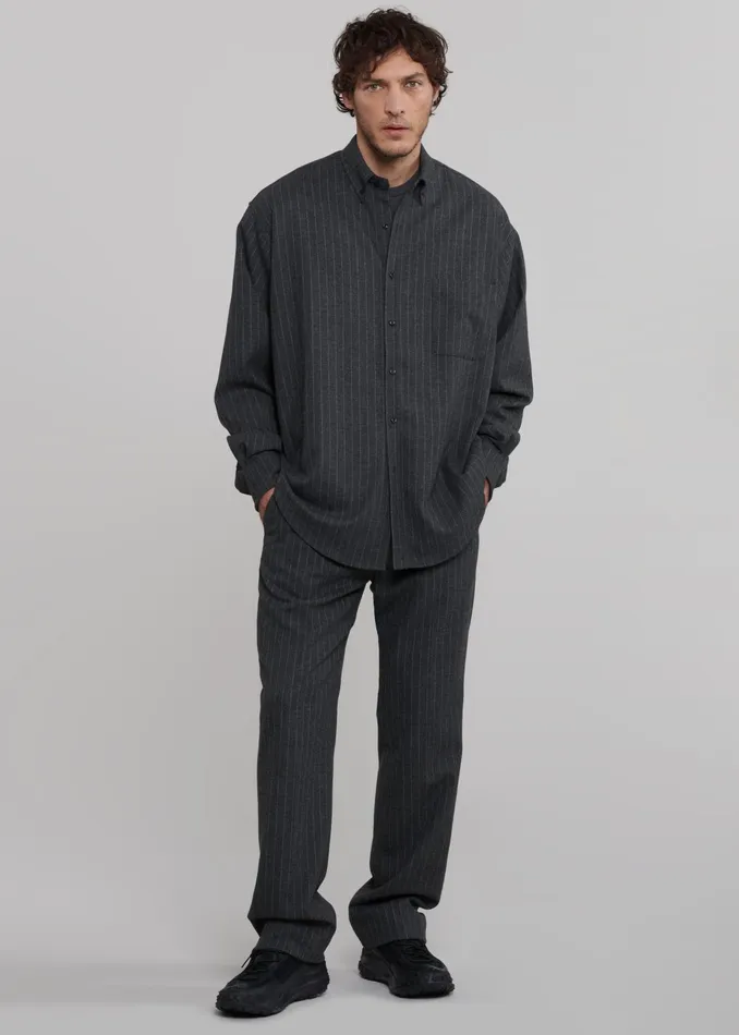 The Frankie Shop Tops Men Mason Wool Button Up Shirt 8211 Dark GreyWhite Pinstripe