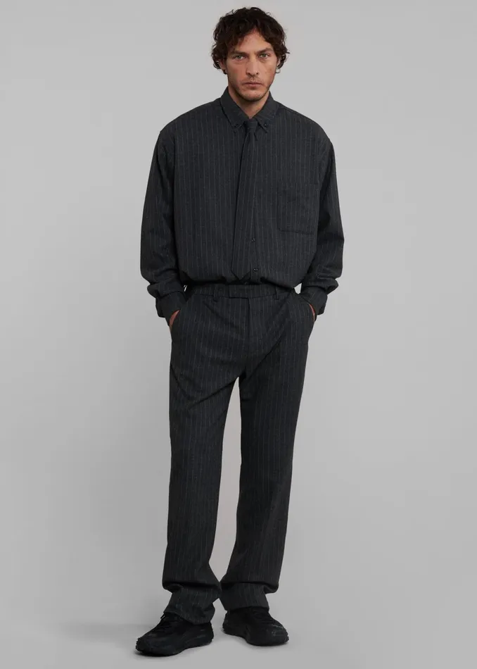The Frankie Shop Tops Men Mason Wool Button Up Shirt 8211 Dark GreyWhite Pinstripe