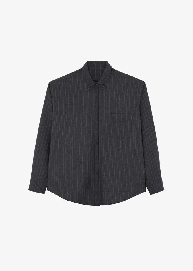 The Frankie Shop Tops Men Mason Wool Button Up Shirt 8211 Dark GreyWhite Pinstripe