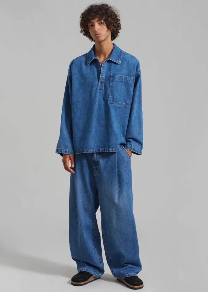 The Frankie Shop Tops Men Ray Popover Denim Shirt 8211 Medium Wash