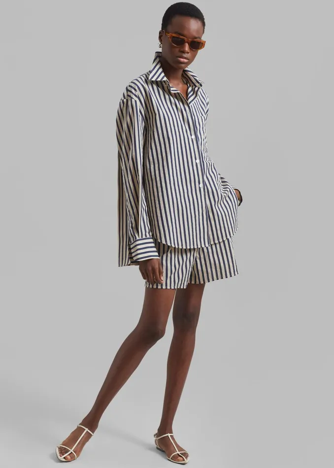 The Frankie Shop Tops Women Lui Textured Shirt 8211 BeigeNavy Multi Stripe