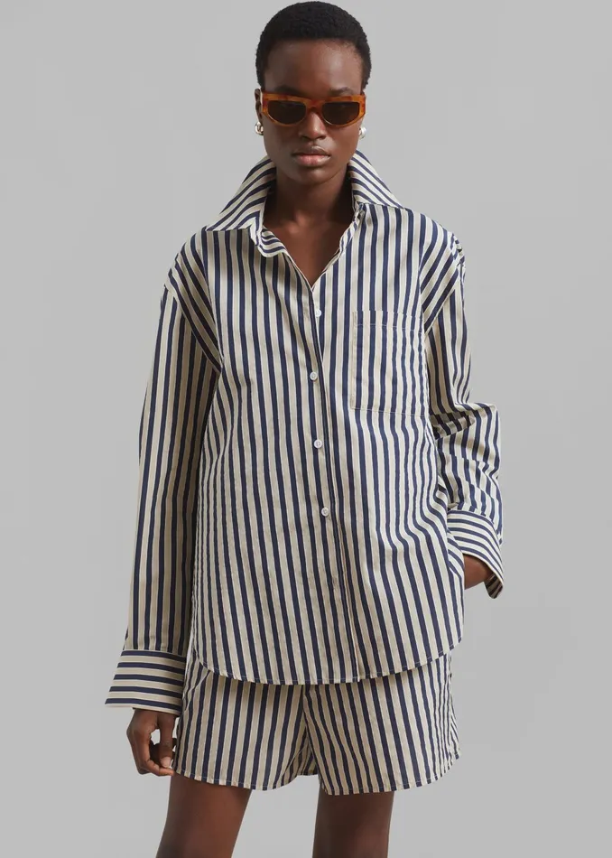 The Frankie Shop Tops Women Lui Textured Shirt 8211 BeigeNavy Multi Stripe