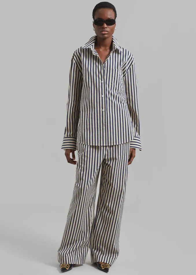 The Frankie Shop Tops Women Lui Textured Shirt 8211 BeigeNavy Multi Stripe