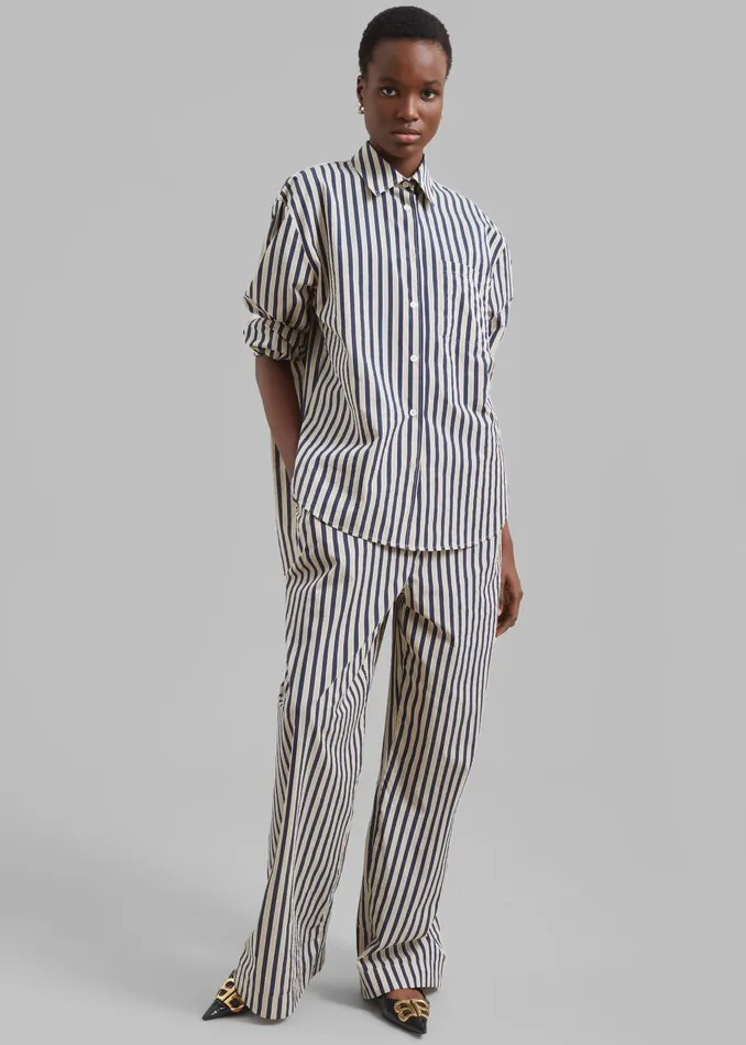 The Frankie Shop Tops Women Lui Textured Shirt 8211 BeigeNavy Multi Stripe
