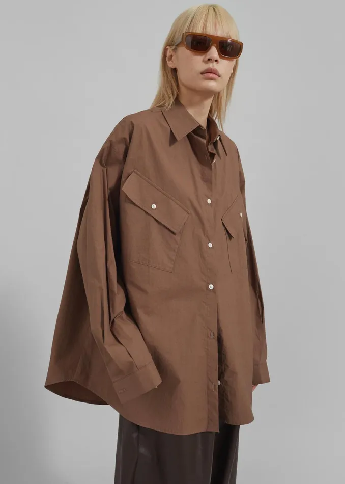The Frankie Shop Tops Women Marin Button Up Utility Shirt 8211 Brown