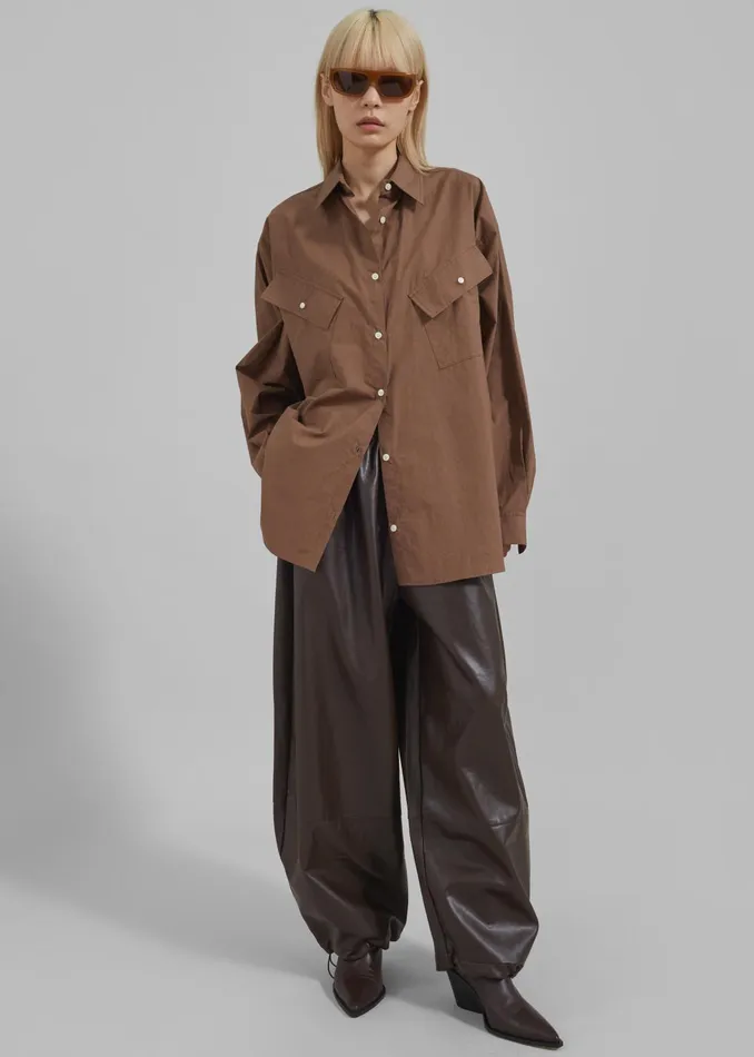 The Frankie Shop Tops Women Marin Button Up Utility Shirt 8211 Brown