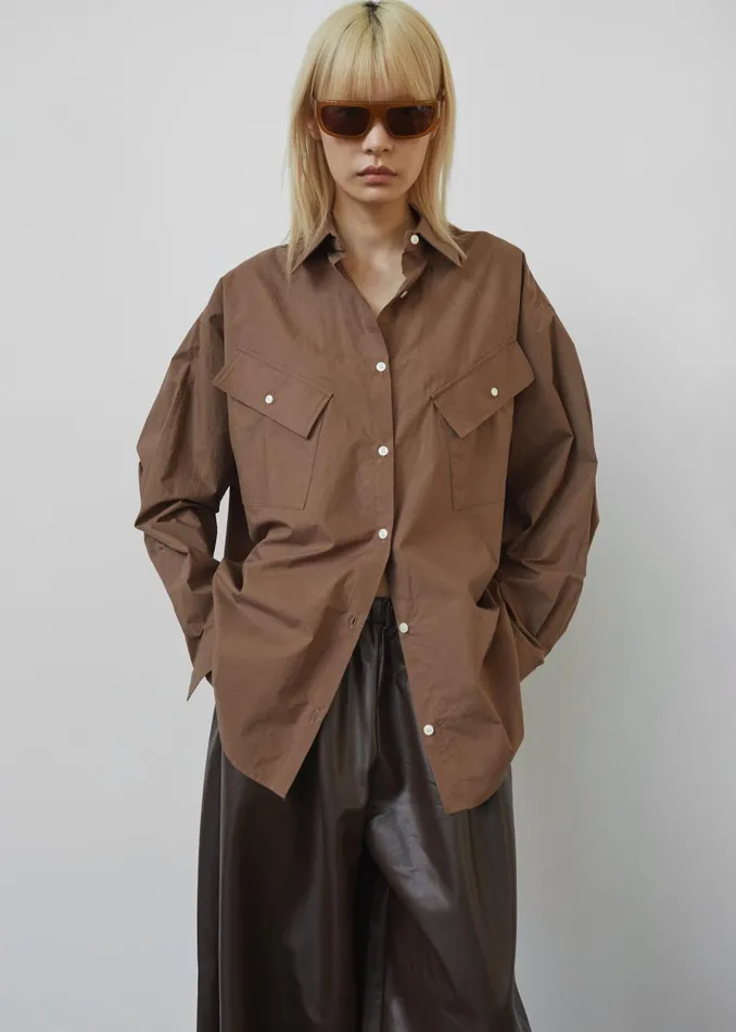 The Frankie Shop Tops Women Marin Button Up Utility Shirt 8211 Brown