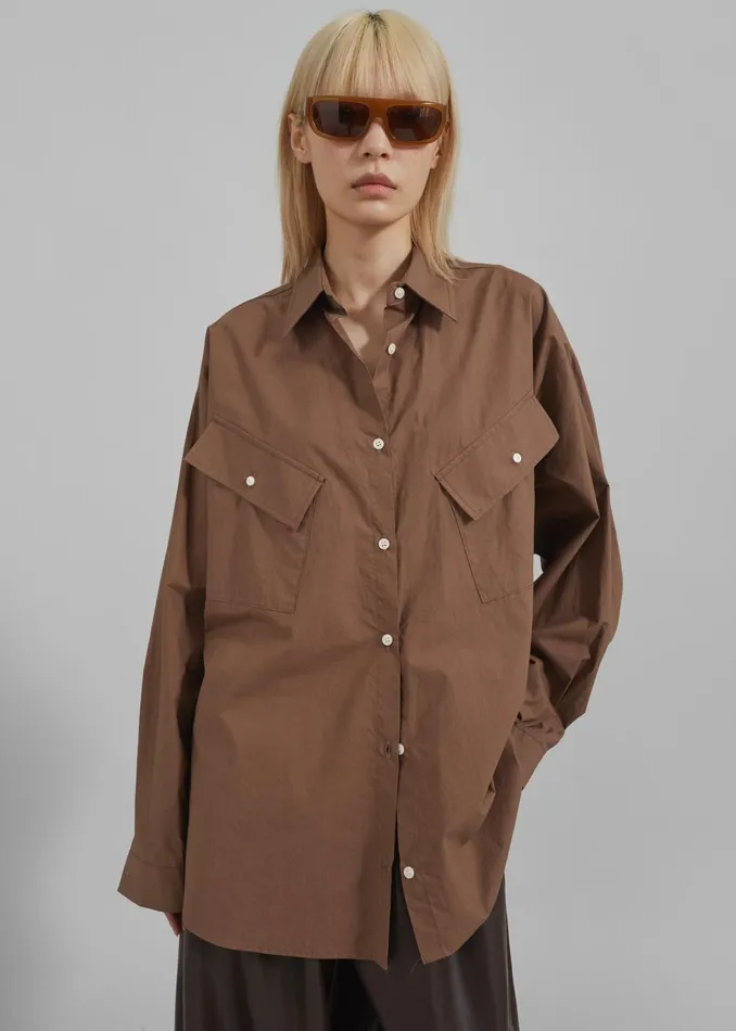 The Frankie Shop Tops Women Marin Button Up Utility Shirt 8211 Brown