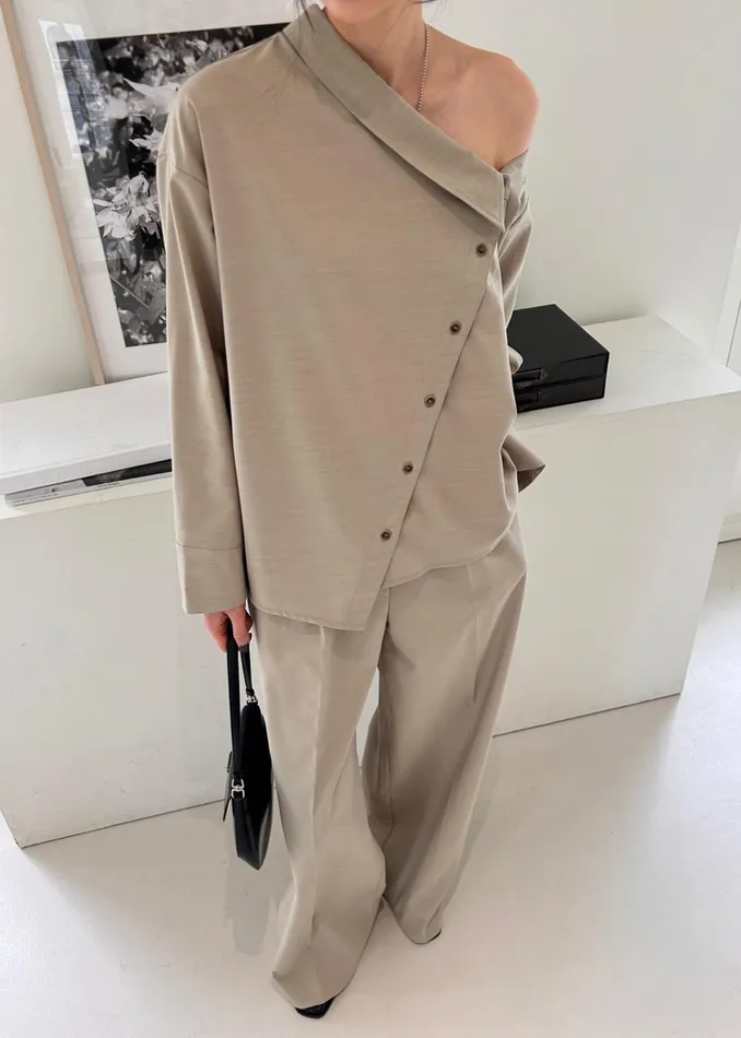 The Frankie Shop Tops Women Roan Asymmetric Button Up Blouse 8211 Beige