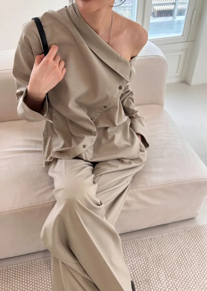 The Frankie Shop Tops Women Roan Asymmetric Button Up Blouse 8211 Beige