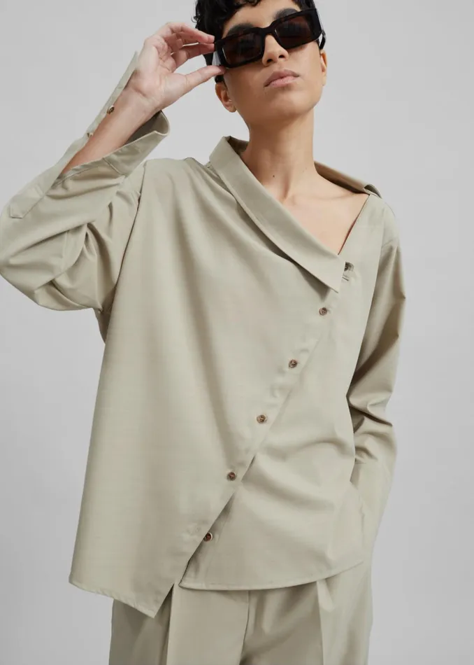 The Frankie Shop Tops Women Roan Asymmetric Button Up Blouse 8211 Beige