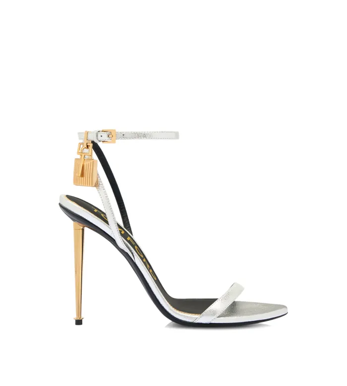 The Padlock Women TOM FORD LAMINATED NAPPA LEATHER PADLOCK POINTY NAKED SANDAL Silver
