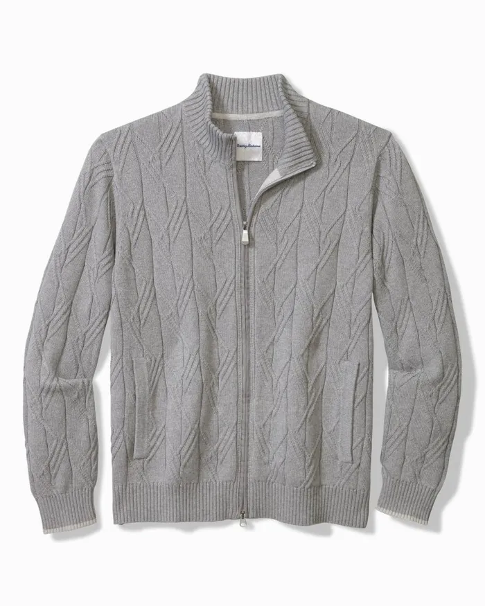 Tommy Bahama Capital Cable FullZip Cardigan Grey Heather Men Sweaters