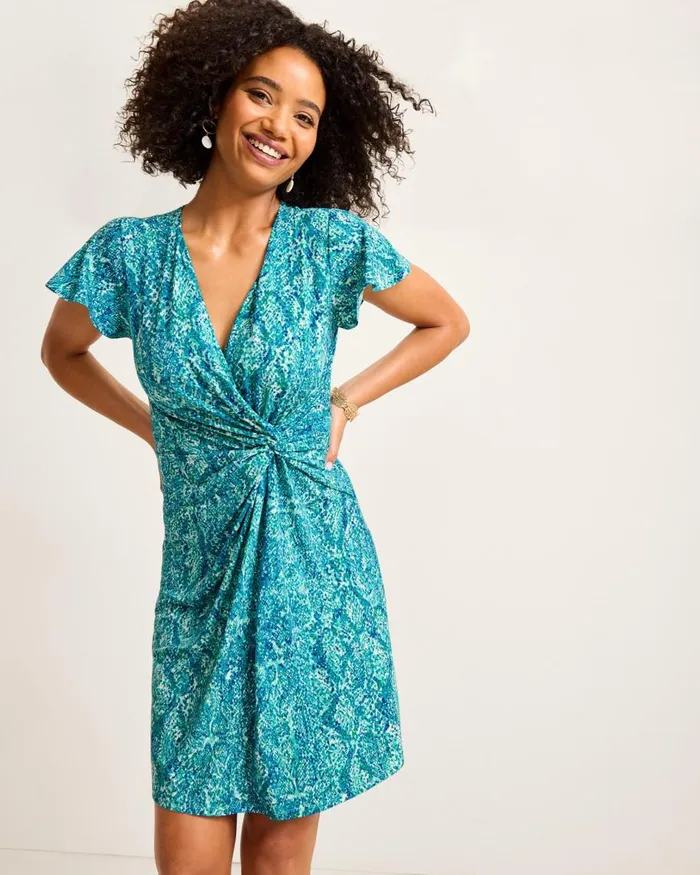 Tommy Bahama Clara Playa Python ShortSleeve FauxWrap Dress Atlantis Teal Women Dresses