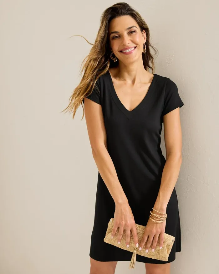 Tommy Bahama Darcy VNeck Short Dress Black Women Dresses