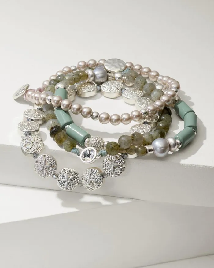 Tommy Bahama Marco Island Beaded Stretch Bracelet Set Silver Women Jewelry