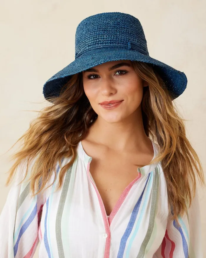 Tommy Bahama Packable Raffia Bucket Hat Deep Water Blue Women Hats and Caps
