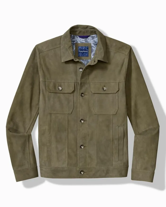 Tommy Bahama Pine Lake Suede Trucker Jacket Beetle Green Men Jackets and Outerwear