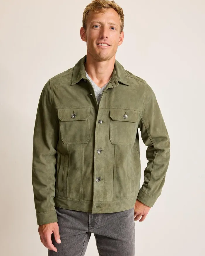 Tommy Bahama Pine Lake Suede Trucker Jacket Beetle Green Men Jackets and Outerwear Tommy Bahama Pine Lake Suede Trucker Jacket Beetle Green Men Jackets and Outerwear