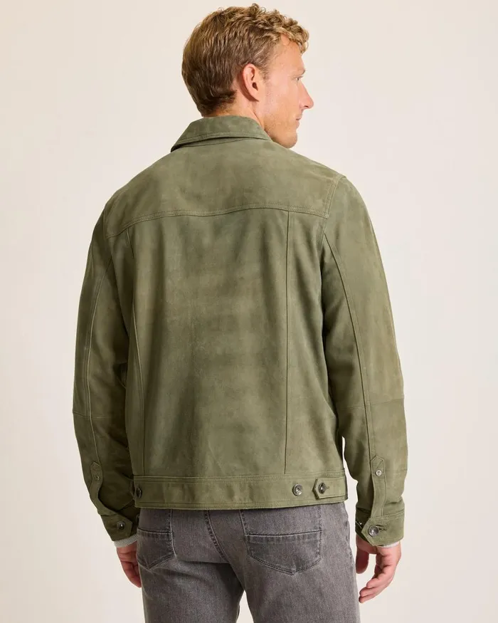 Tommy Bahama Pine Lake Suede Trucker Jacket Beetle Green Men Jackets and Outerwear Tommy Bahama Pine Lake Suede Trucker Jacket Beetle Green Men Jackets and Outerwear
