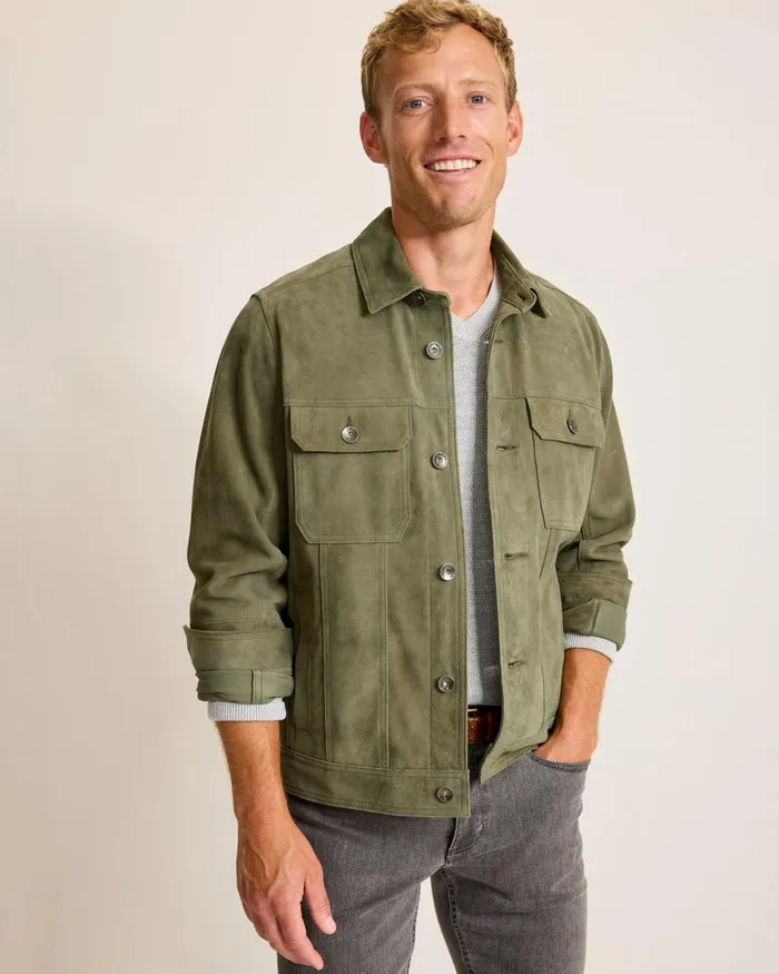 Tommy Bahama Pine Lake Suede Trucker Jacket Beetle Green Men Jackets and Outerwear Tommy Bahama Pine Lake Suede Trucker Jacket Beetle Green Men Jackets and Outerwear