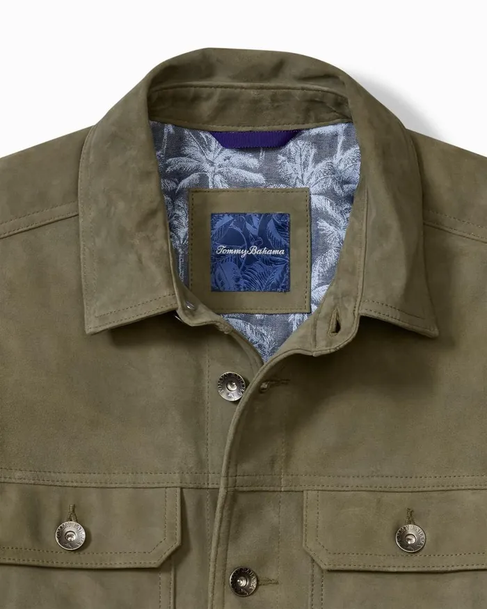 Tommy Bahama Pine Lake Suede Trucker Jacket Beetle Green Men Jackets and Outerwear Tommy Bahama Pine Lake Suede Trucker Jacket Beetle Green Men Jackets and Outerwear