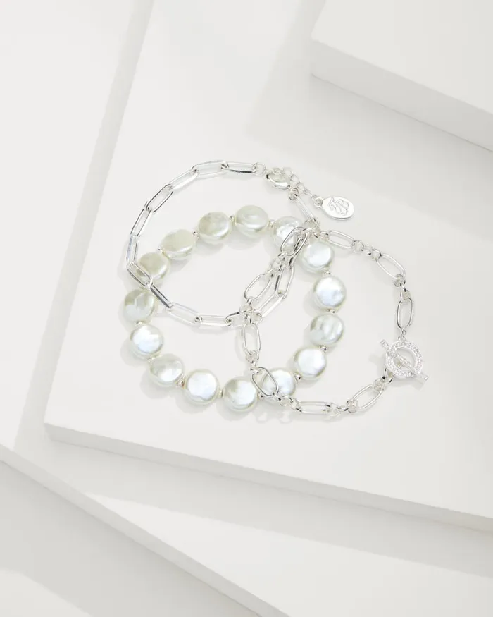 Tommy Bahama Sanibel Island Link and Pearl Bracelet Set Silver Women Jewelry