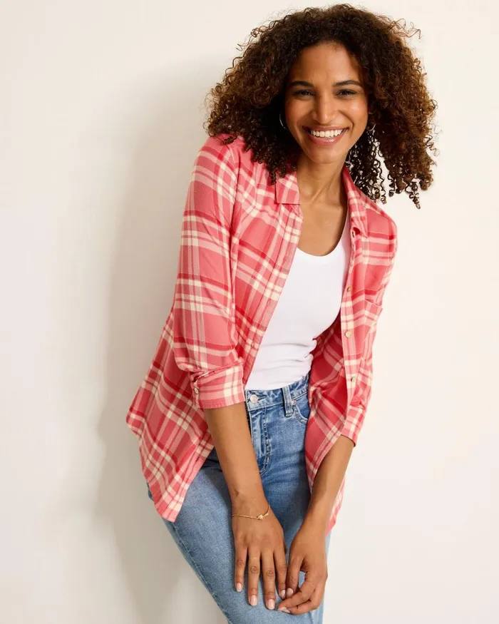 Tommy Bahama Seabed Sands Flannel Shirt Red Sunset Women Tops and Shirts