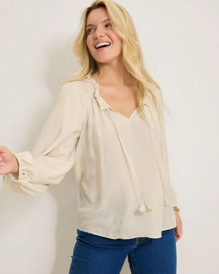 Tommy Bahama Silky Seas Smocked Peasant Top Cameo Women Tops and Shirts Tommy Bahama Silky Seas Smocked Peasant Top Cameo Women Tops and Shirts