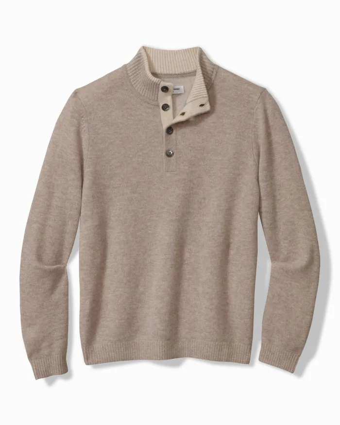 Tommy Bahama Soft Sands Cashmere ButtonMock Sweater Taupe Heather Men Sweaters