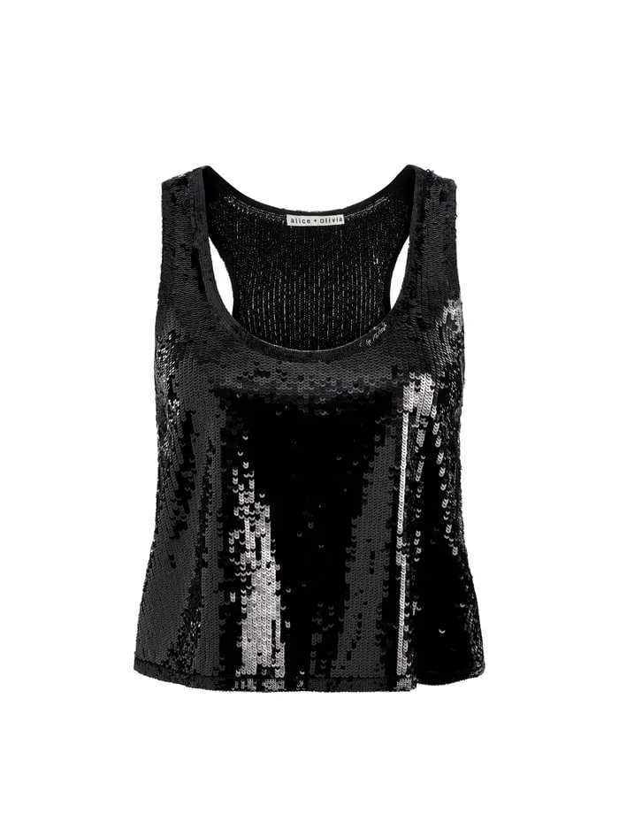 Tops Women Alice Olivia Avril Sequin Boxy Tank Black