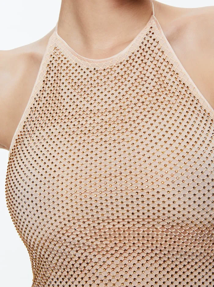 Tops Women Alice Olivia Jaymee Embellished Tie Neck Cropped Halter Top Almondgold