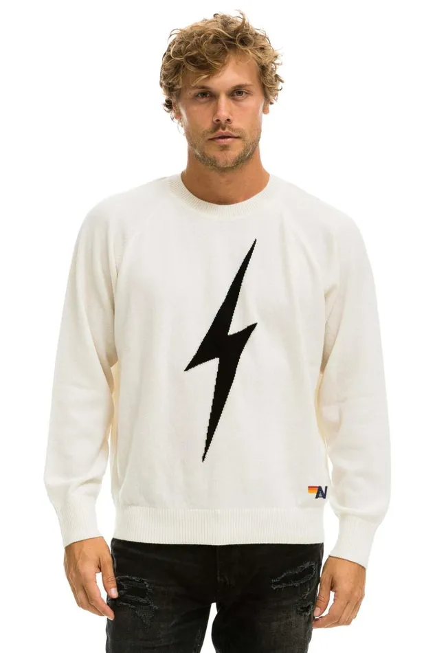 UNISEX BOLT CASHMERE LIGHT SWEATER 8211 VINTAGE WHITE BLACK BOLT Men Aviator Nation Sweatshirts